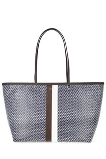 Tory Burch women’s tote bag Racer Blue with gray and white geometric pattern and brown cream vertical stripes