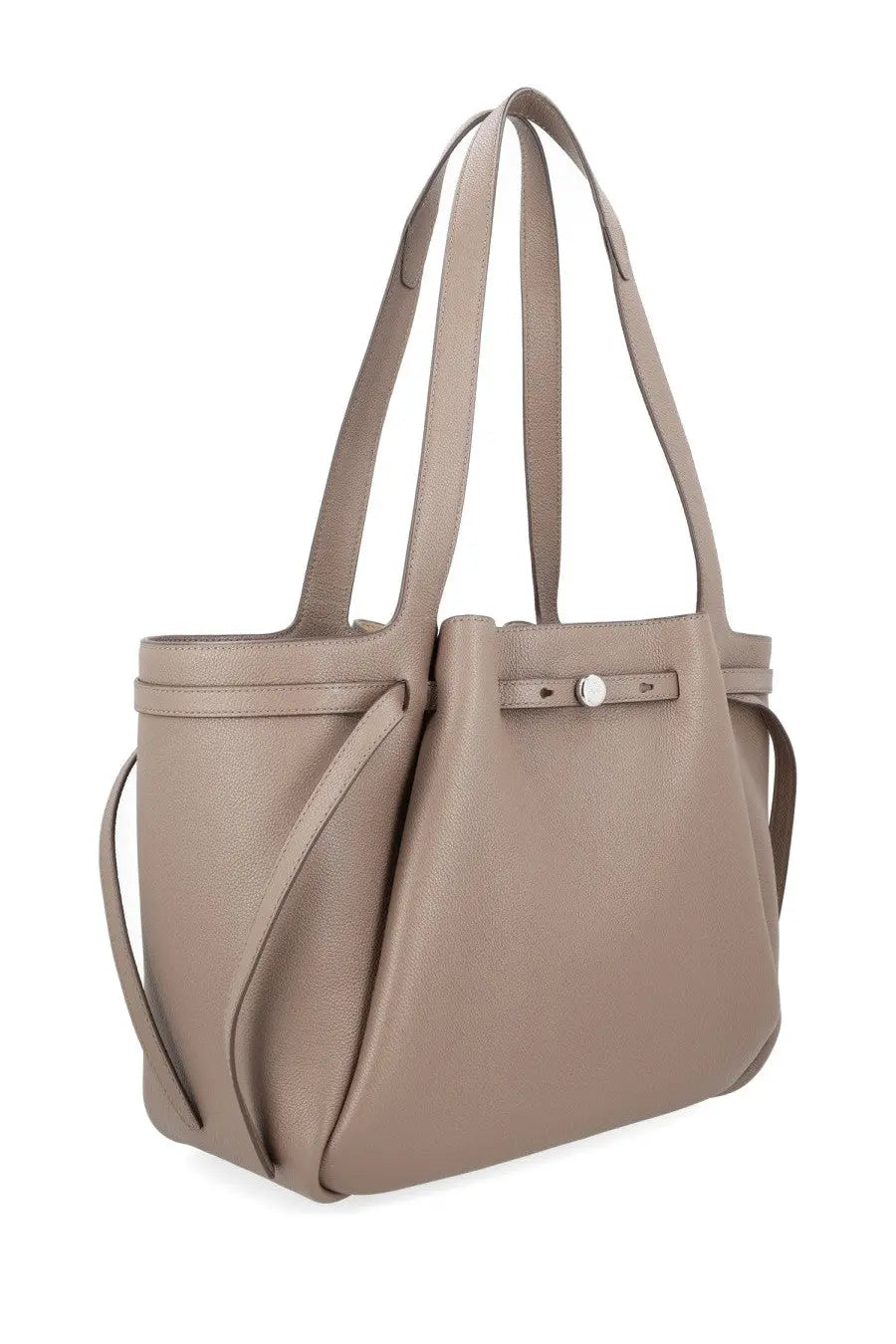 Beige leather tote bag Tory Burch Romy with silver-toned buckle closure and matching shoulder strap