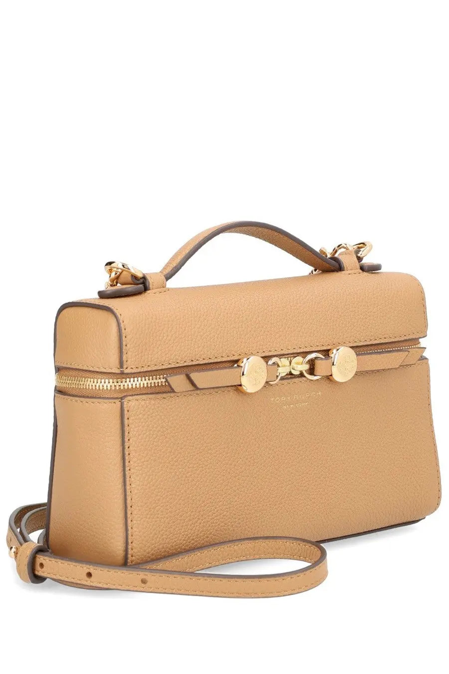 Tory Burch women’s romy beige tan leather crossbody bag with gold-tone hardware and top handle