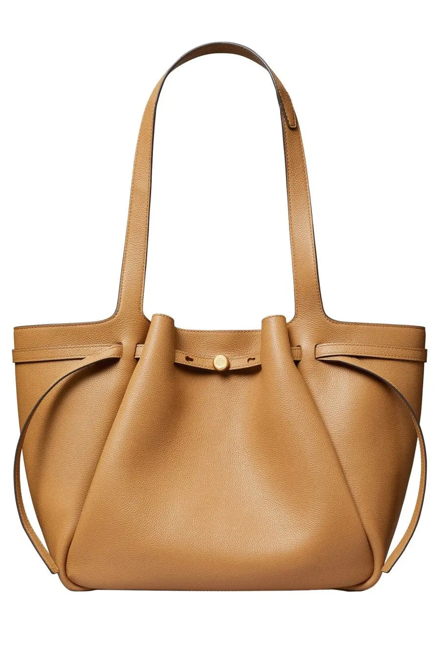 Tory Burch women’s tan leather tote bag with drawstring closure and gold-tone hardware romy beige design