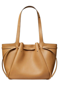 Tan leather tote bag with drawstring closure and structured handles by Tory Burch womens Romy beige collection