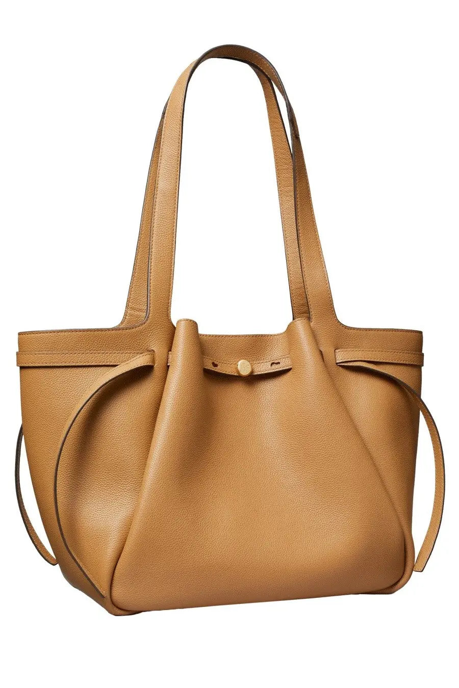 Tory Burch women’s tan pebbled leather tote bag with adjustable shoulder strap and top handle in beige
