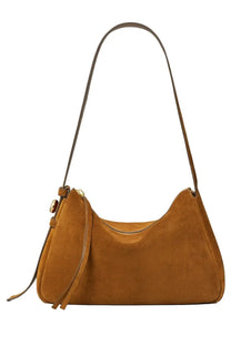 Tory Burch women’s Romy beige tan suede shoulder bag with curved top and adjustable strap