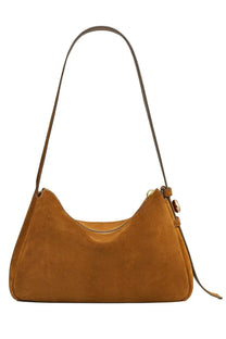 Tory Burch women’s Romy beige suede shoulder bag with curved top and adjustable strap