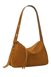 Tory Burch women’s Romy beige tan suede shoulder bag with single strap and gold-tone hardware