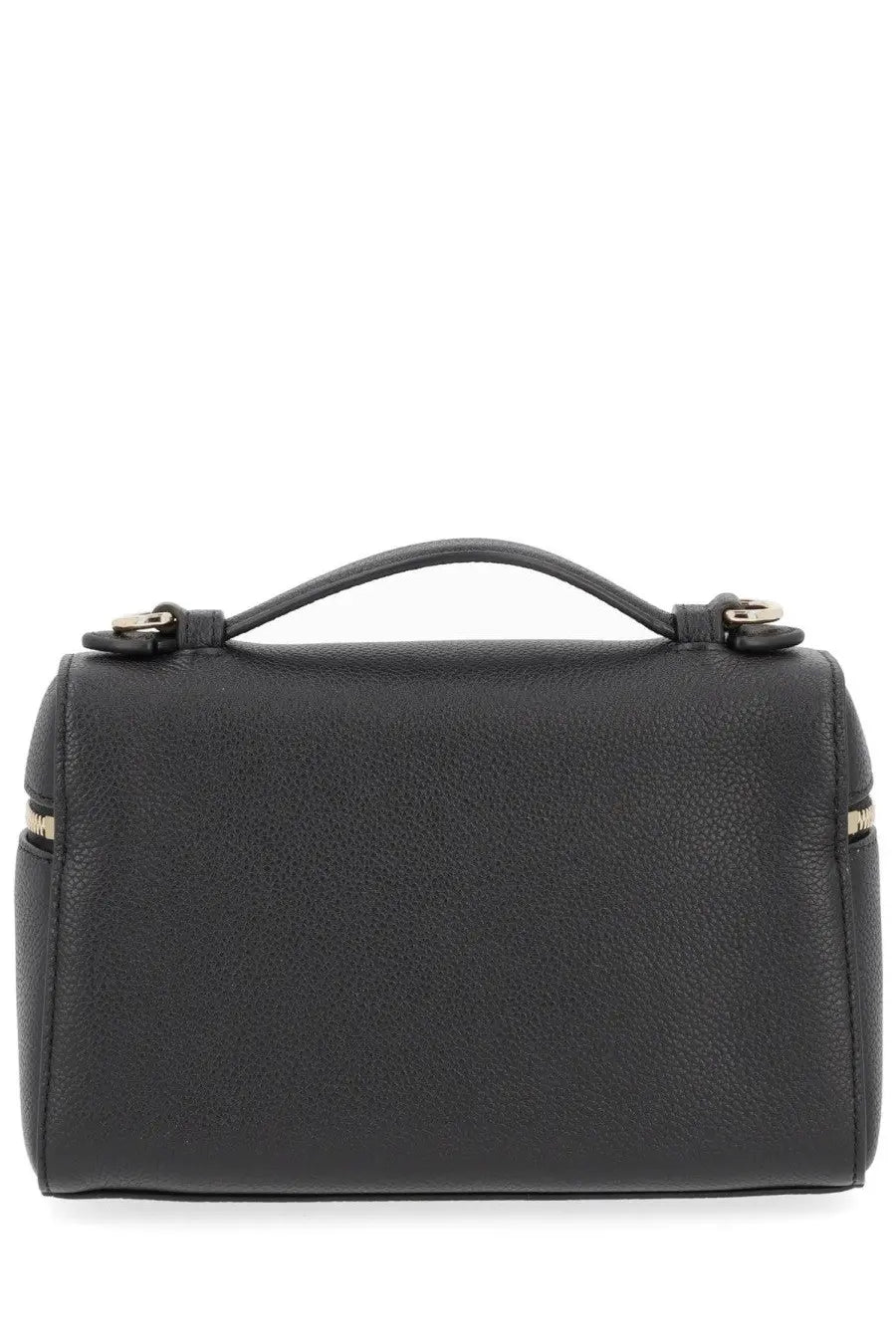 Tory Burch women’s Romy black handbag in black pebbled leather with top handle and gold-tone hardware