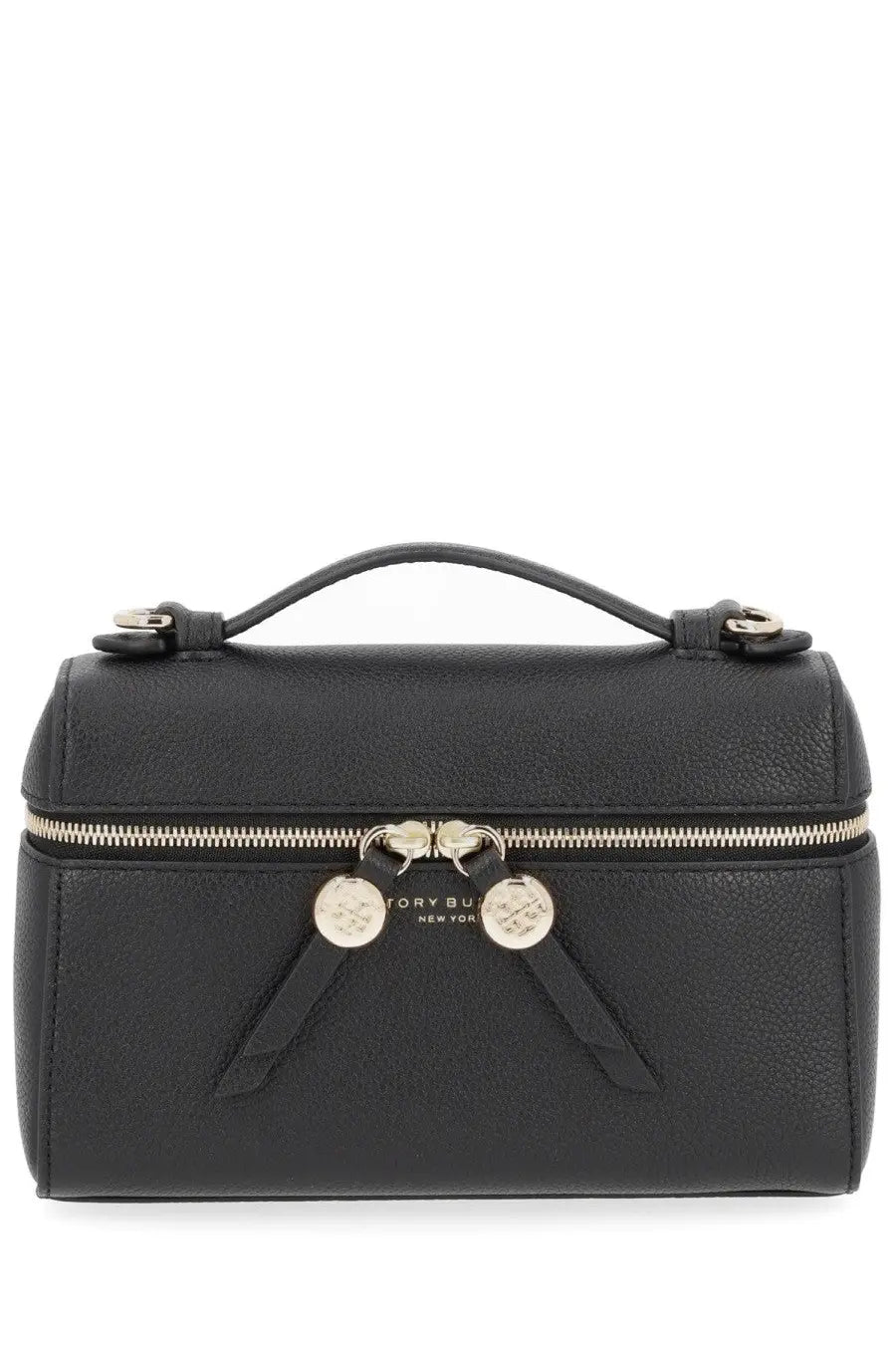 Tory Burch women’s Romy black handbag in textured leather with silver toned hardware and a top handle