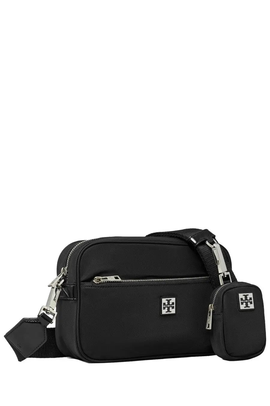 Black nylon Tory Burch women’s crossbody bag with silver hardware and matching mini pouch featuring logo