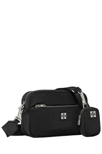 Black nylon Tory Burch women’s crossbody bag with silver hardware and matching mini pouch featuring logo