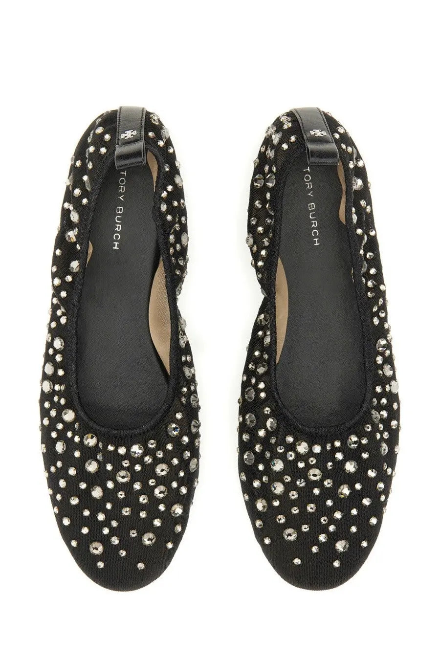 Tory Burch women’s ballerina black ballet flats adorned with sparkling silver rhinestones for elegant wear