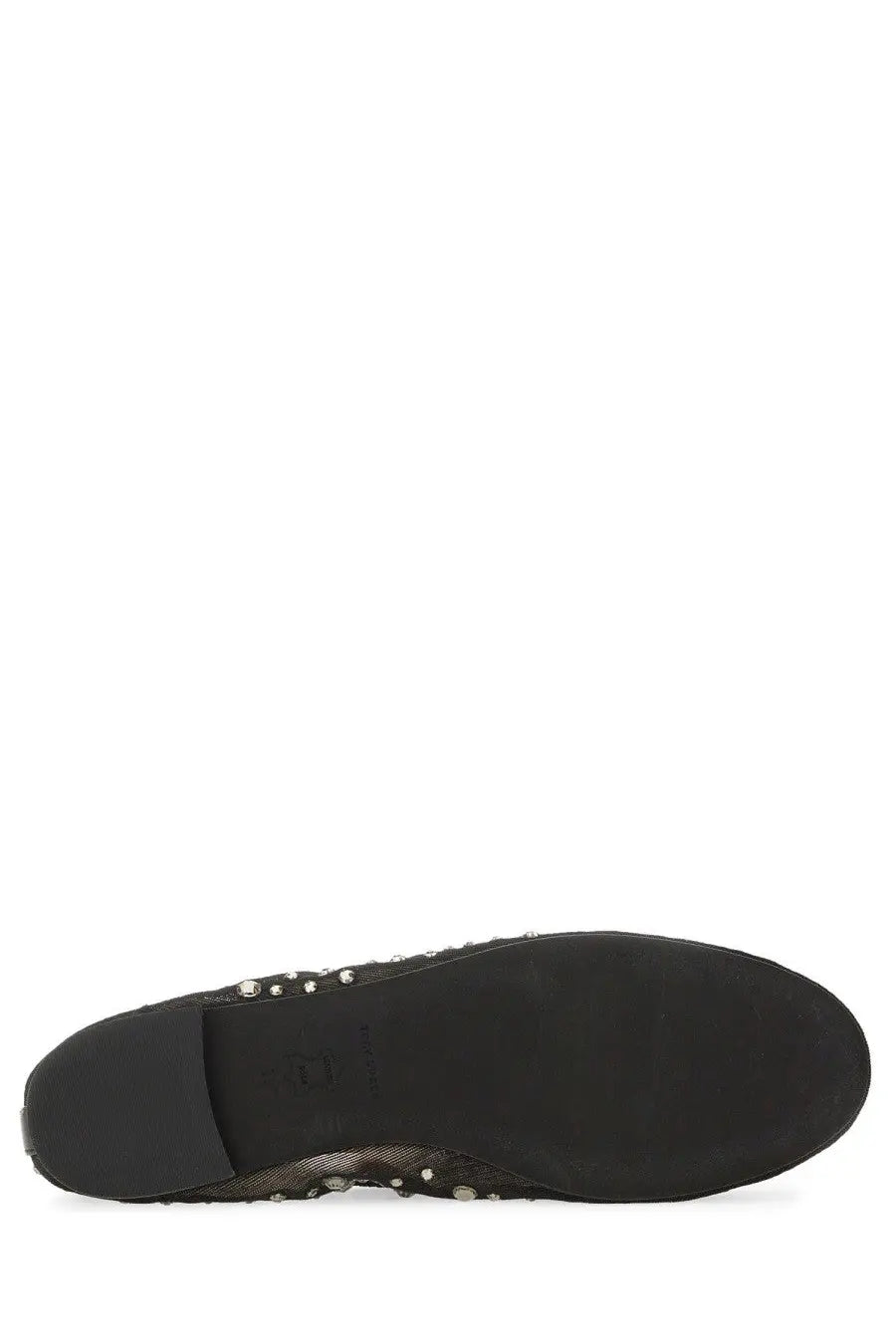 Tory Burch women’s ballerina black flat shoe with textured upper and decorative silver studs along the edge