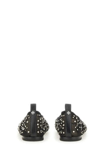 Black studded tory burch womens ballerina flats with mesh upper leather accents and logo on the heel back view
