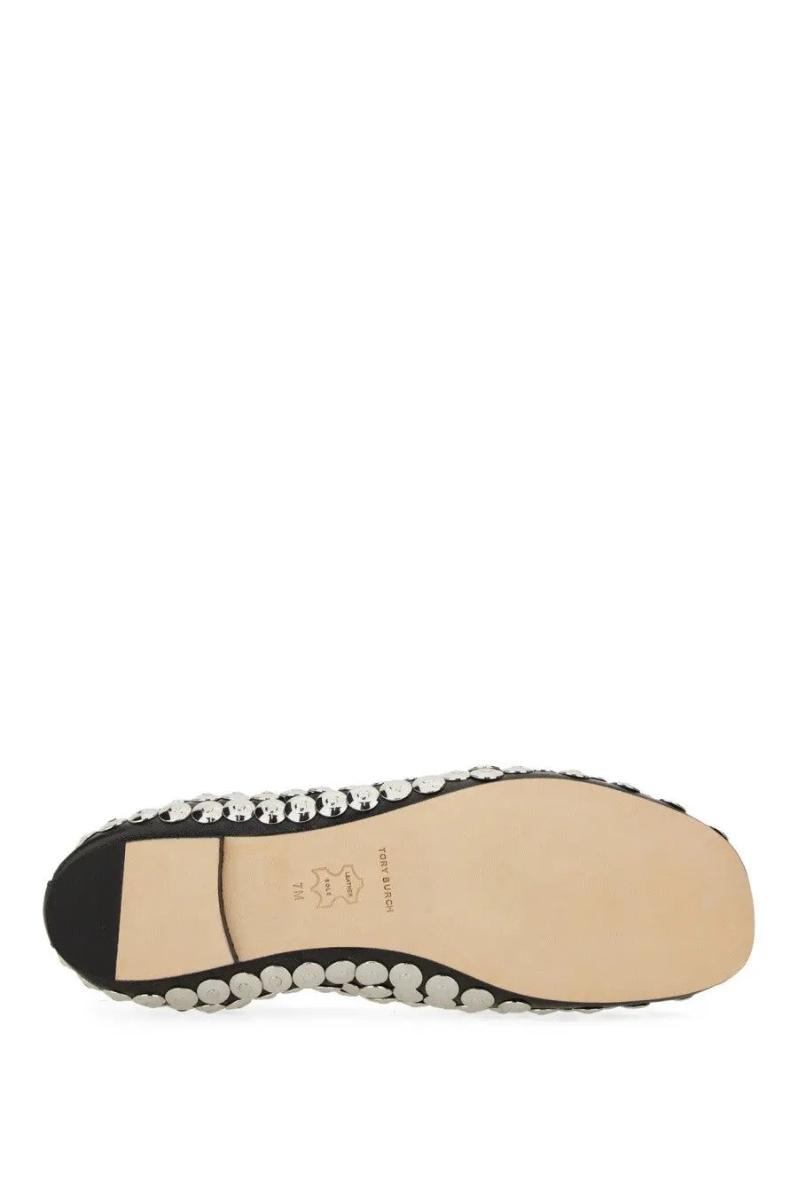 Tory burch women’s ballerina flat shoe in black with silver rhinestone detailing along the edge