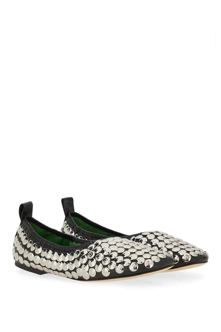 Tory burch women’s ballerina silver black flat shoes with dense silver-toned metallic disc embellishments