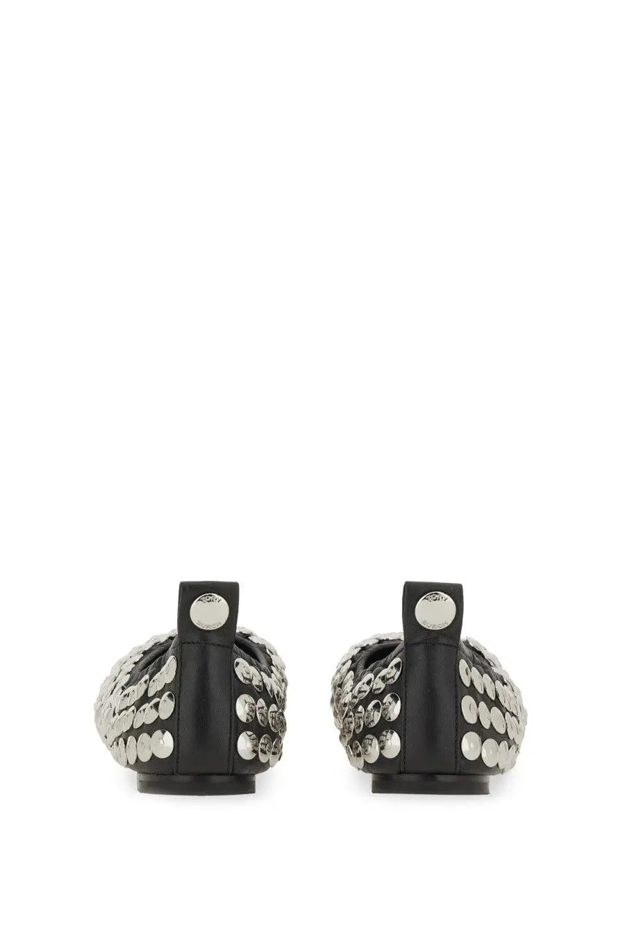Tory burch women’s ballerina silver black leather flats with dense silver-toned circular stud pattern