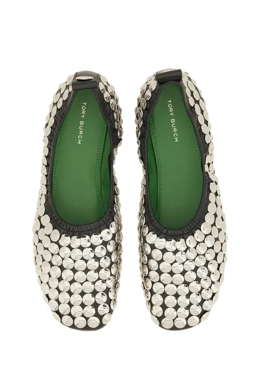 Tory Burch women’s ballerina flats in black with silver studs and green insoles featuring Tory Burch branding
