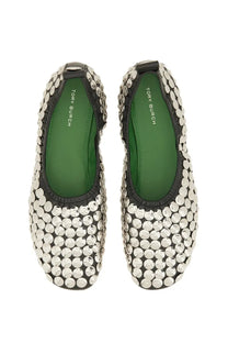 Tory Burch women’s ballerina flats in black with silver studs and green insoles featuring Tory Burch branding