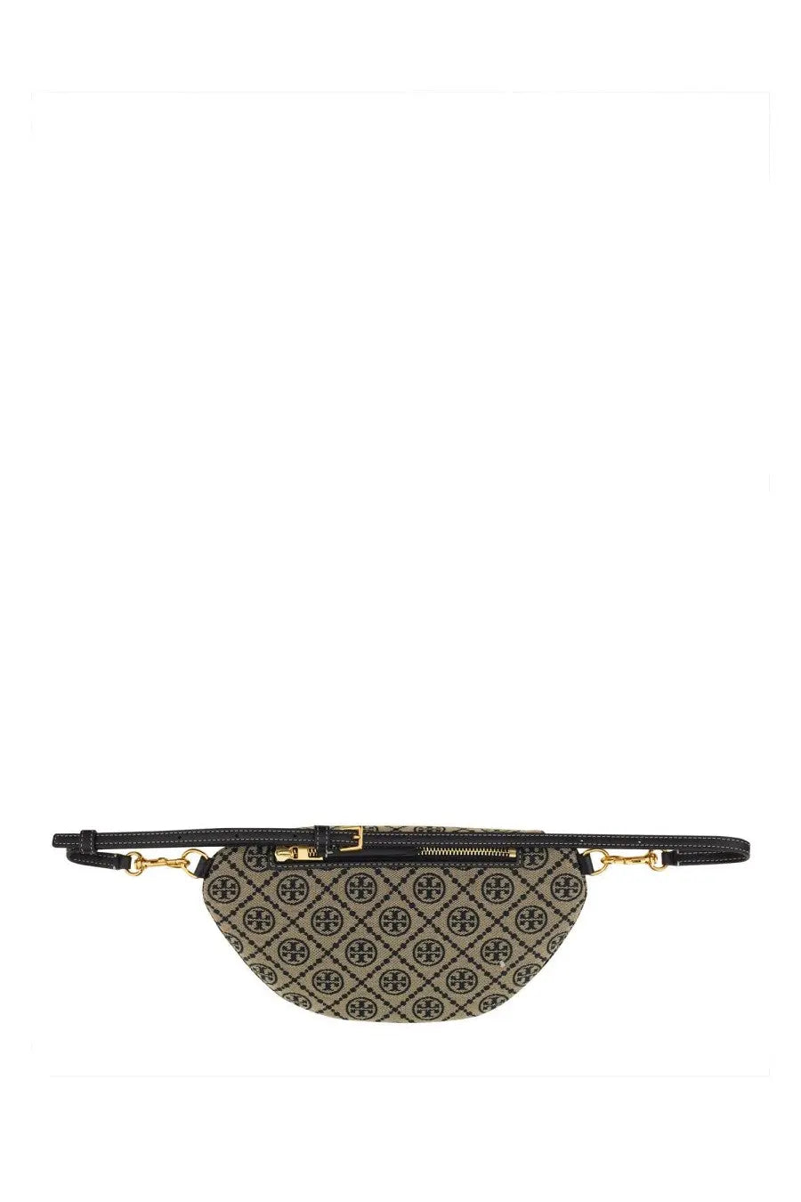 Beige and black patterned Tory Burch women’s belt bag with gold-tone hardware in monogram blue design