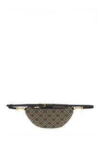 Beige and black patterned Tory Burch women’s belt bag with gold-tone hardware in monogram blue design