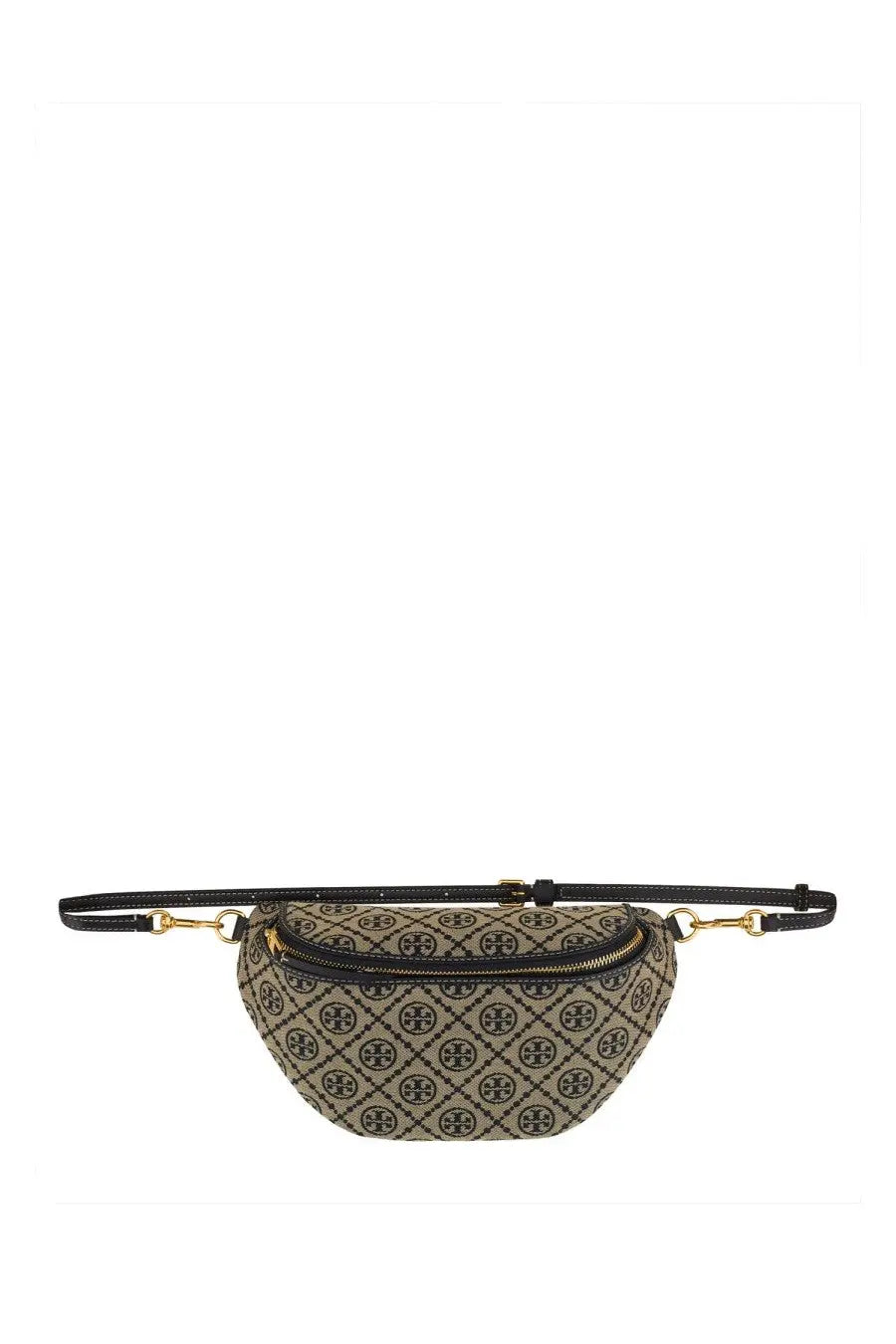 Beige and black patterned tory burch women’s belt bag monogram blue with gold-tone hardware and adjustable strap