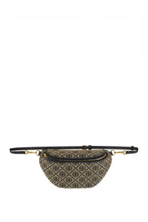 Beige and black patterned tory burch women’s belt bag monogram blue with gold-tone hardware and adjustable strap