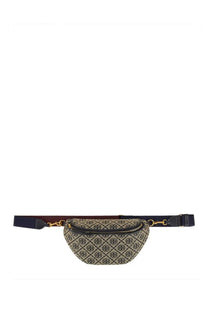 Tory Burch women’s belt bag with beige and navy blue monogram pattern and gold tone hardware