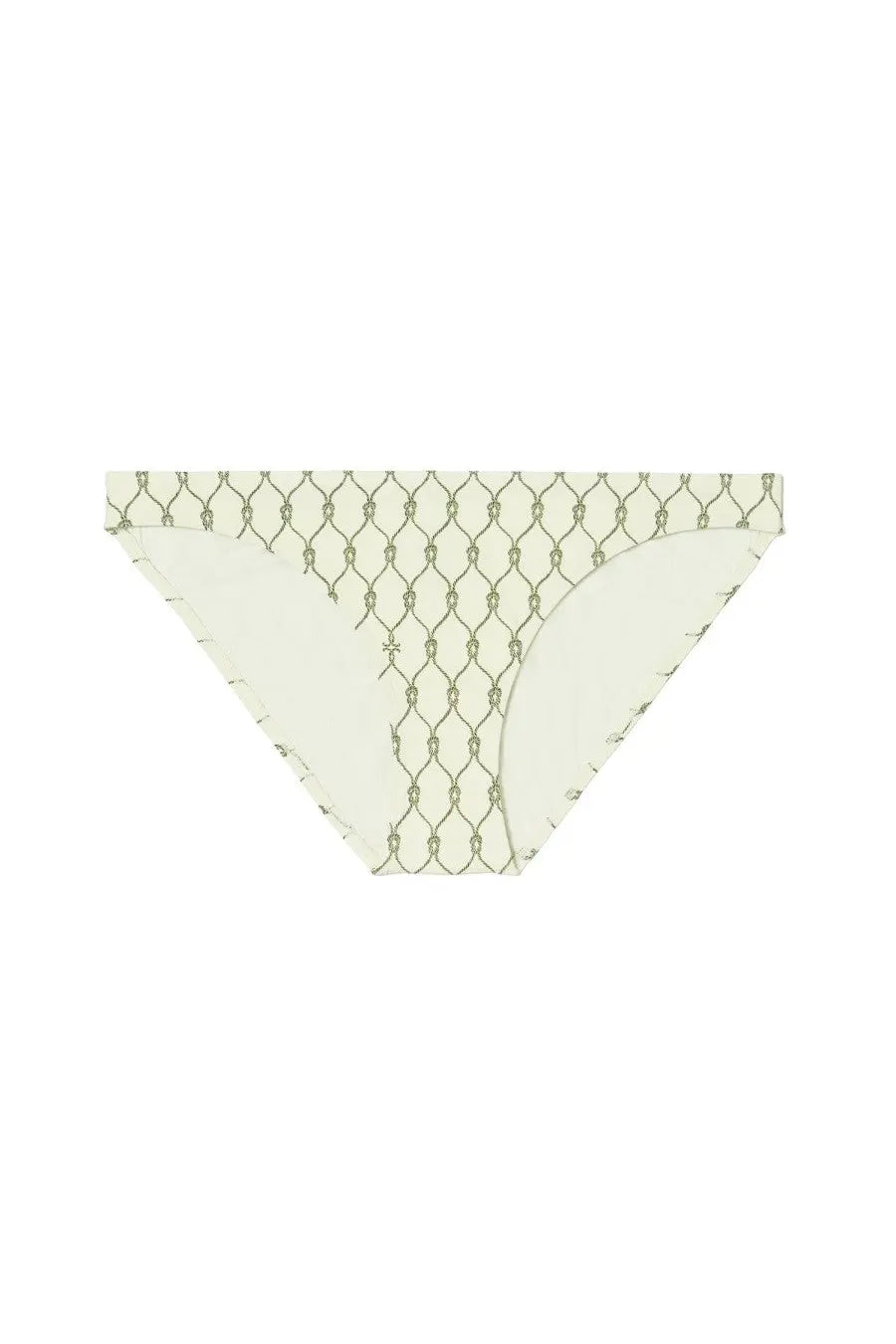 Tory burch women’s bikini briefs in cream with subtle olive green chain-link pattern in front view
