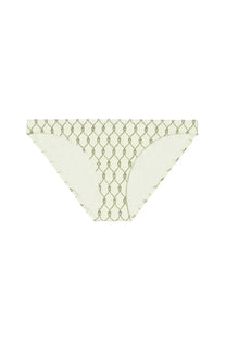 Tory burch women’s bikini briefs in cream with subtle olive green chain-link pattern in front view
