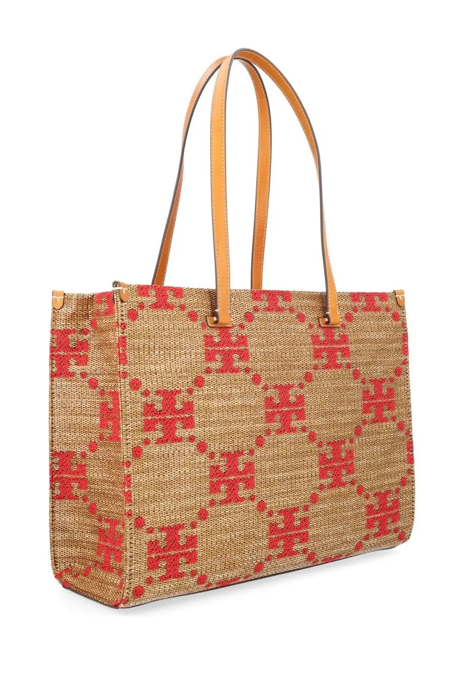 Tory Burch women’s Borsa monogram beige woven tote bag with red logo pattern and tan leather handles