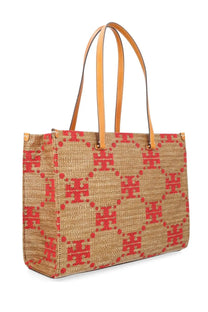 Tory Burch women’s Borsa monogram beige woven tote bag with red logo pattern and tan leather handles