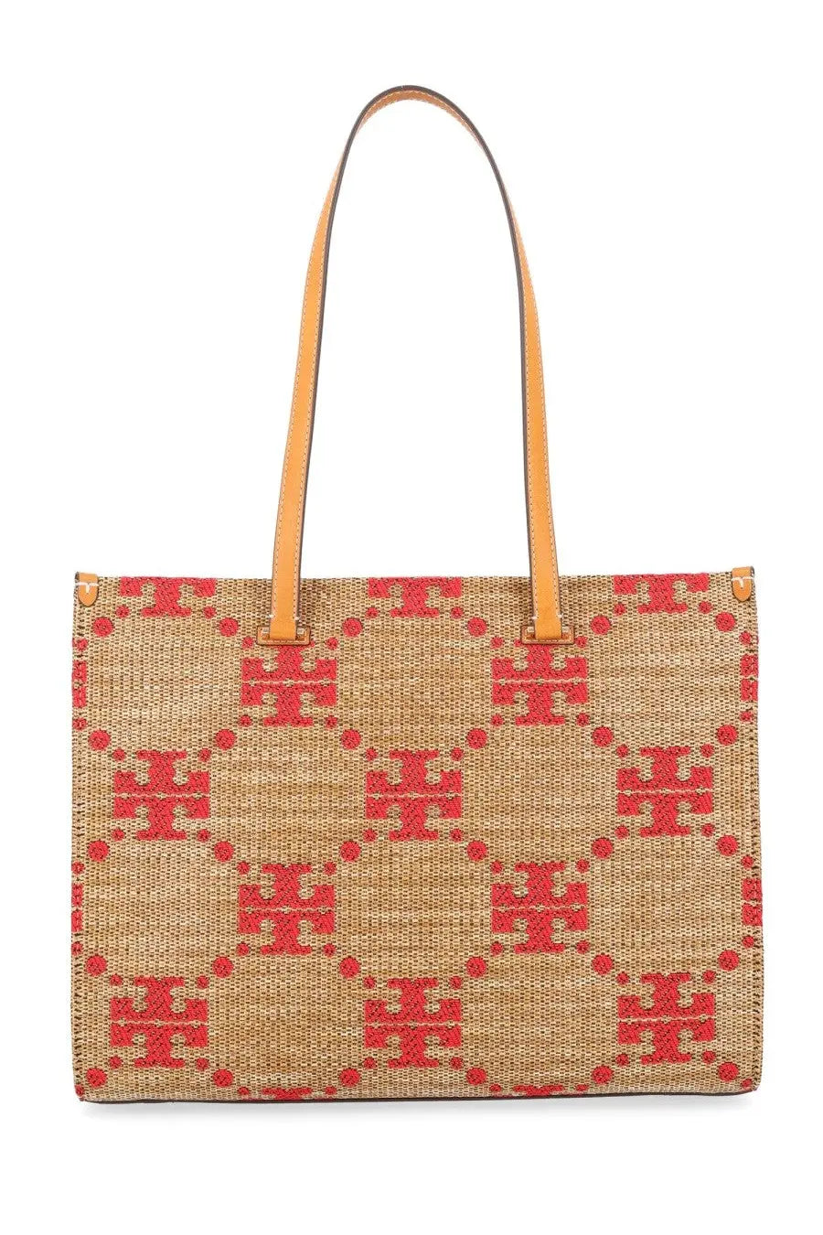 Tory Burch women’s borsa monogram beige woven tote bag with red logo pattern and tan leather handles