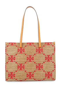 Tory Burch women’s borsa monogram beige woven tote bag with red logo pattern and tan leather handles