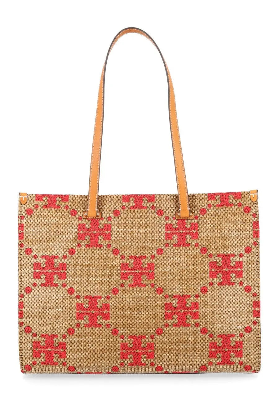 Tory Burch women’s borsa monogram beige woven tote bag with red logo pattern and tan leather handles