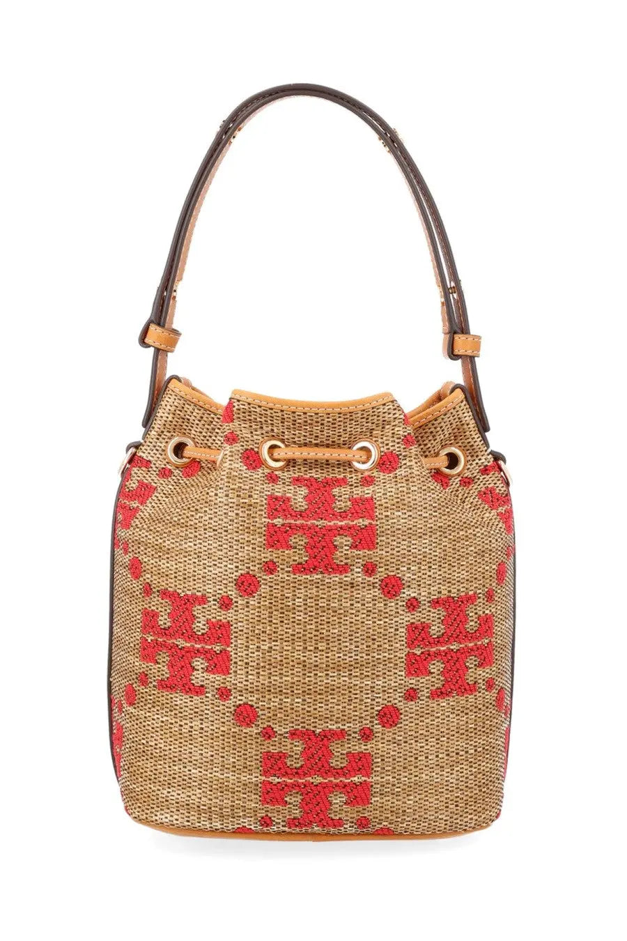 Tory Burch women’s borsa secchiello monogram beige woven bucket bag with red logo and brown leather handles