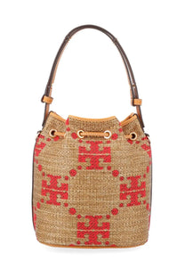 Tory Burch women’s borsa secchiello monogram beige woven bucket bag with red logo and brown leather handles