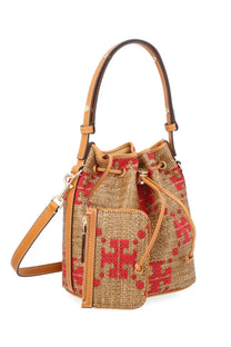 Tory Burch women’s borsa secchiello monogram beige woven bucket bag with red logo pattern and tan leather accents