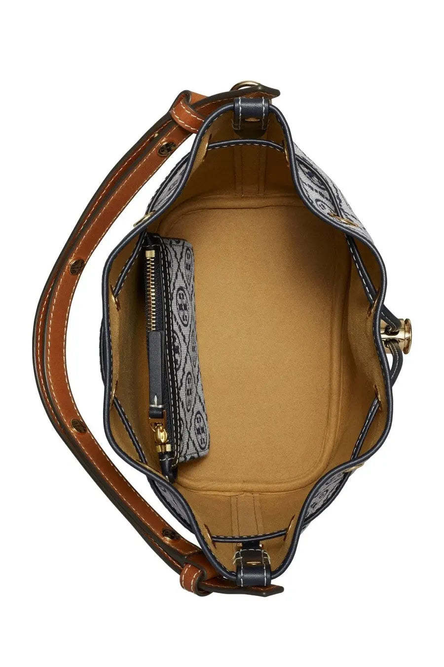 Tory Burch women’s borsa secchiello monogram blue bucket bag with black and white pattern and tan leather trim