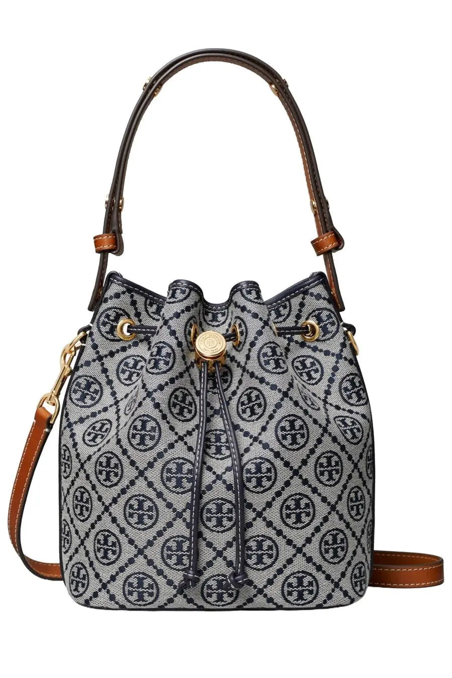 Tory Burch women’s borsa secchiello monogram blue gray and black patterned bucket bag with brown leather handles and strap