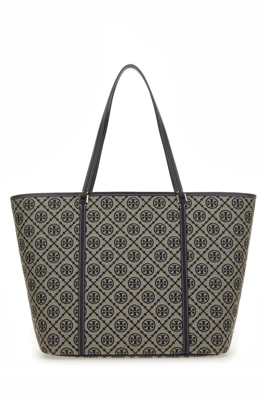Beige and black tory burch tote bag with repeating logo pattern for womens shopping monogram con zip blue collection