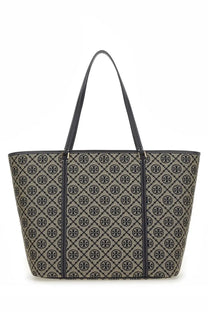 Beige and black tory burch tote bag with repeating logo pattern for womens shopping monogram con zip blue collection