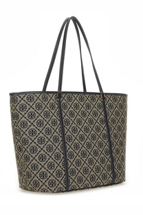 Beige and black patterned tory burch tote bag with signature logo design in borsa shopping monogram con zip blue style