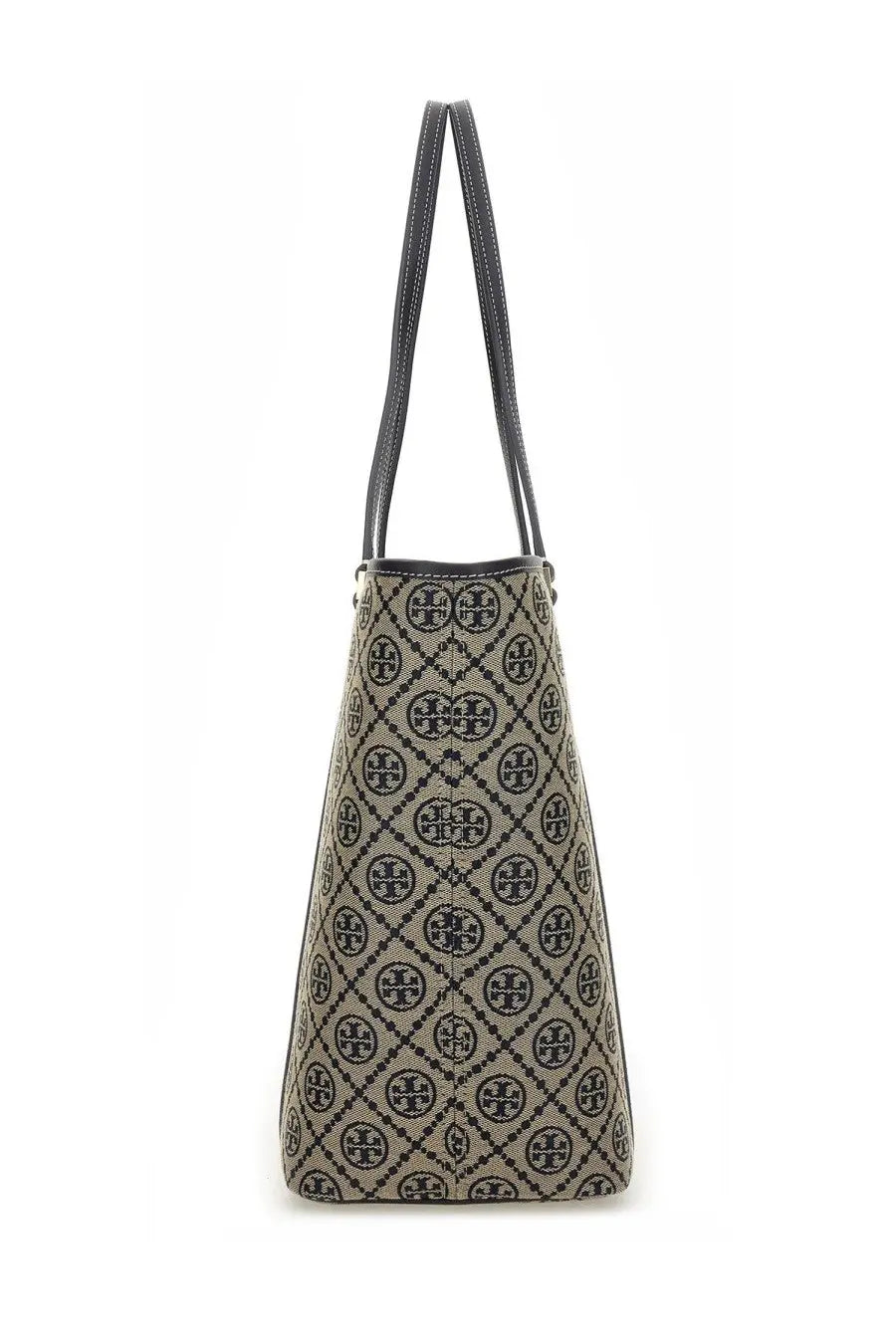 Beige and black patterned tory burch tote bag with signature logo design in the style of borsa shopping monogram con zip blue