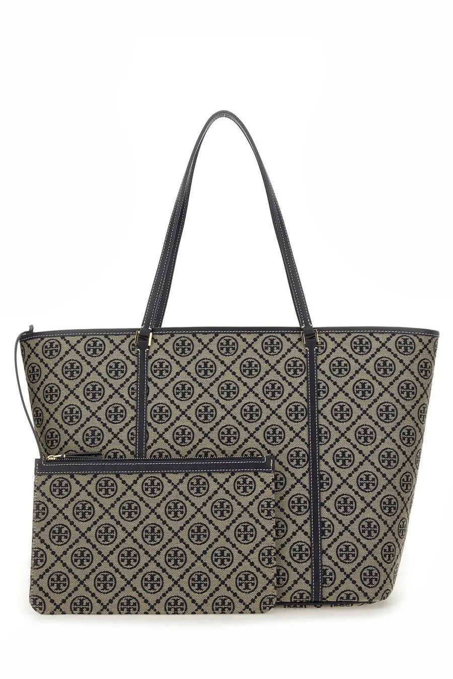 Beige and black patterned Tory Burch tote bag with signature logo design from the borsa shopping monogram con zip blue collection