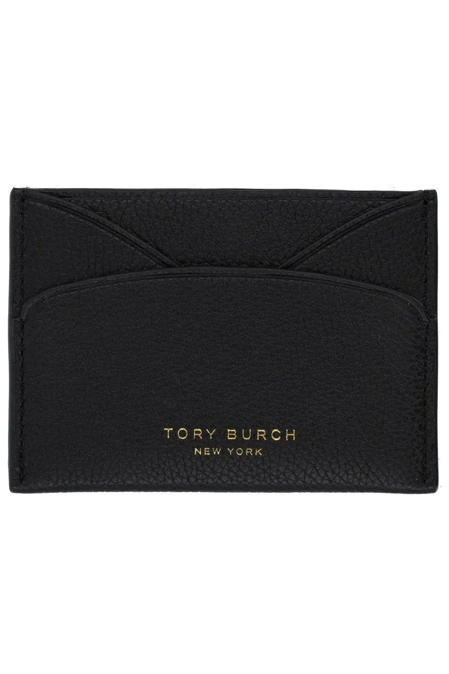 Black textured leather card holder with gold foil tory burch new york branding for women Romy collection