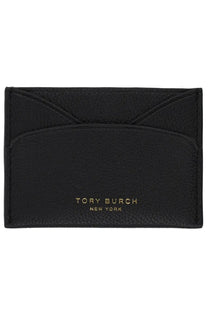 Black textured leather card holder with gold foil tory burch new york branding for women Romy collection