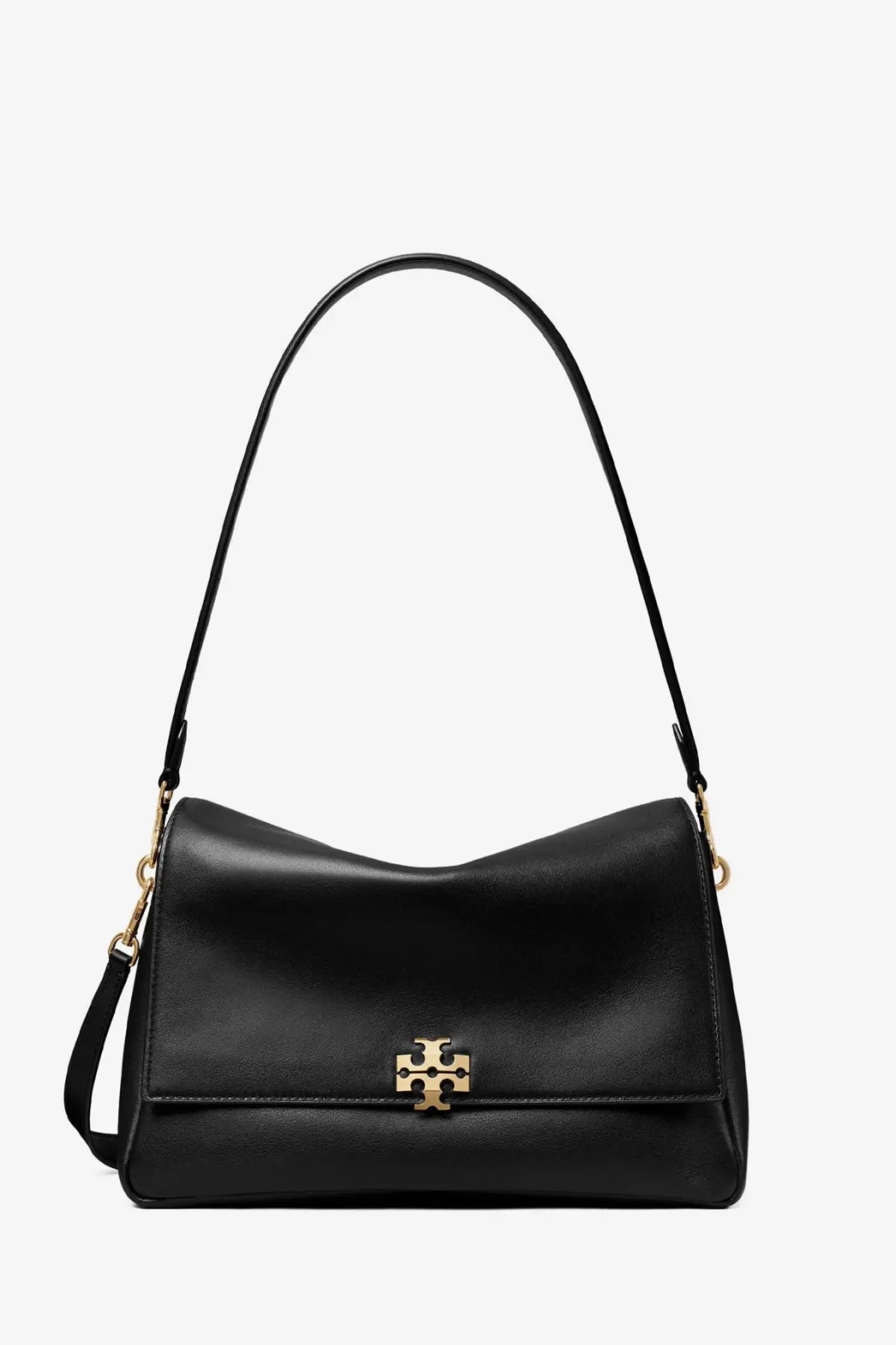 Tory Burch women’s Charlie leather shoulder bag in black with gold-tone hardware and signature logo clasp