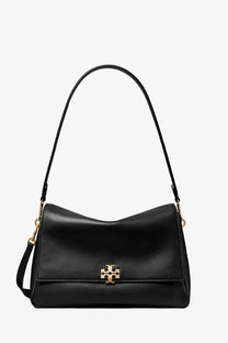 Tory Burch women’s Charlie leather shoulder bag in black with gold-tone hardware and signature logo clasp