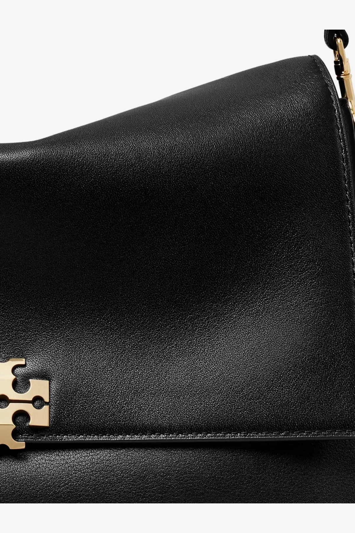 Tory Burch women’s Charlie black leather shoulder bag with gold-tone hardware and distinctive logo clasp
