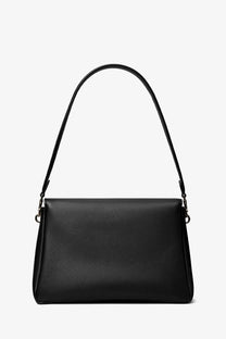 Black leather shoulder bag by Tory Burch with sleek minimalist design and single curved strap for women