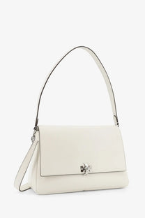 Tory Burch women’s Charlie leather shoulder bag cream colored with silver logo clasp and black trimmed strap